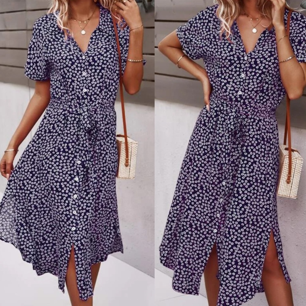 Boho floral print belted dress